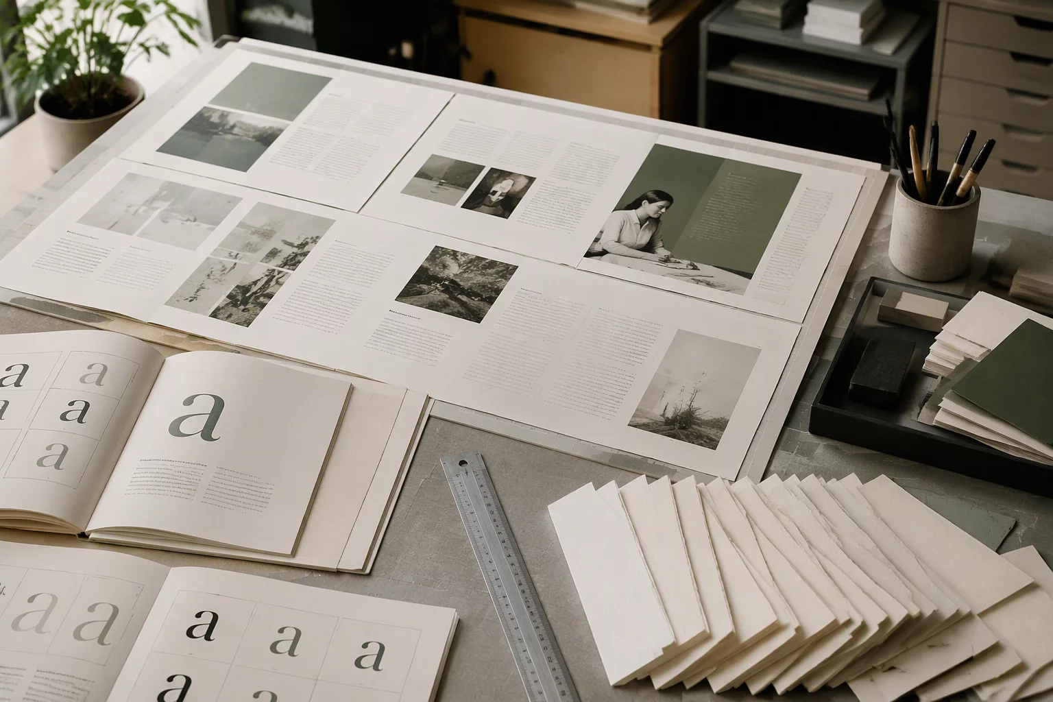 Independent editorial design drafting table with typography specimens and multipage grid sketches