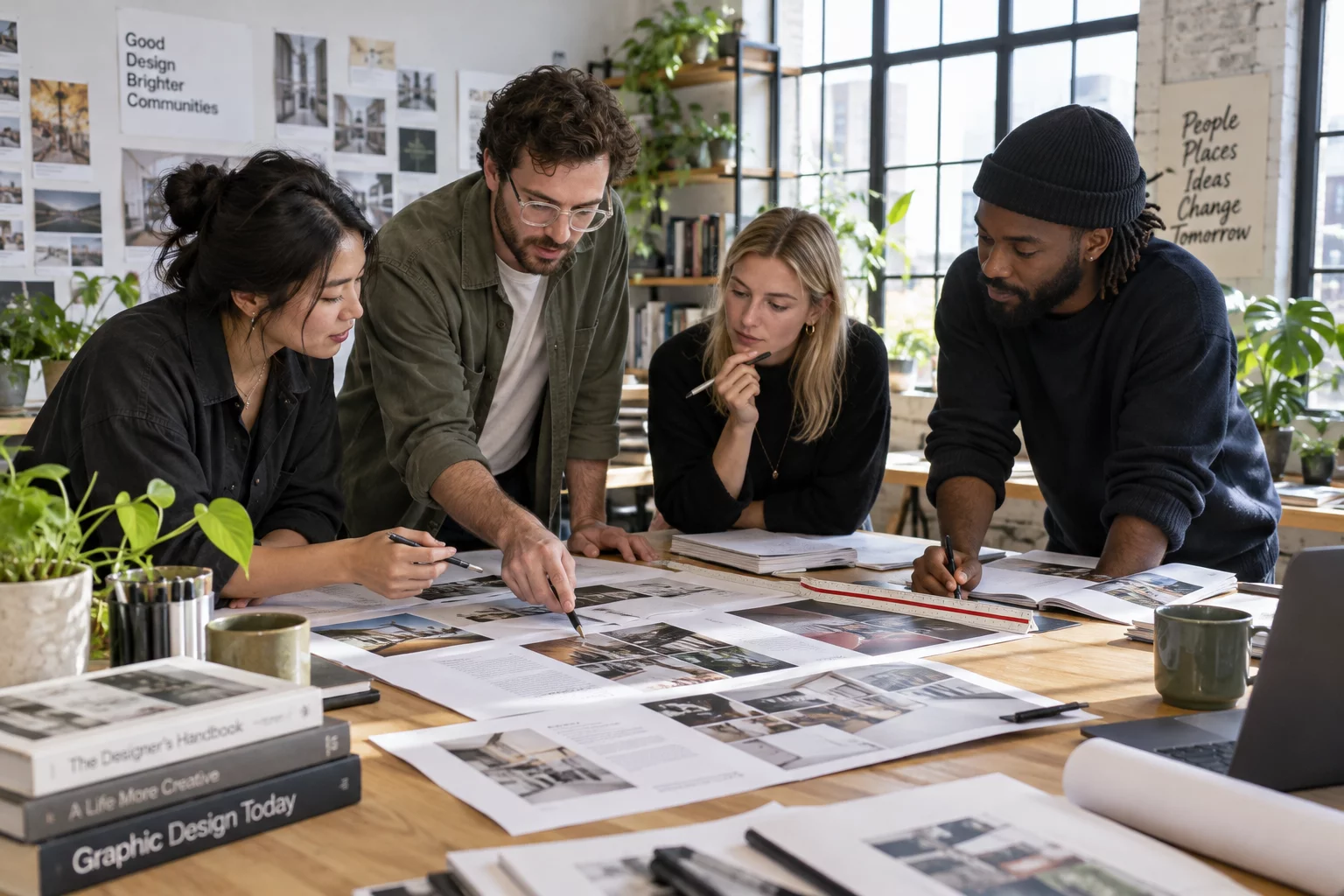 PageFamily Workshop editorial team analyzing printed document proofs in a daylight studio