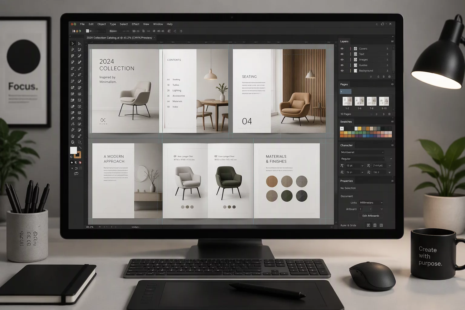 Multipage vector layout workspace interface displaying editorial document spreads